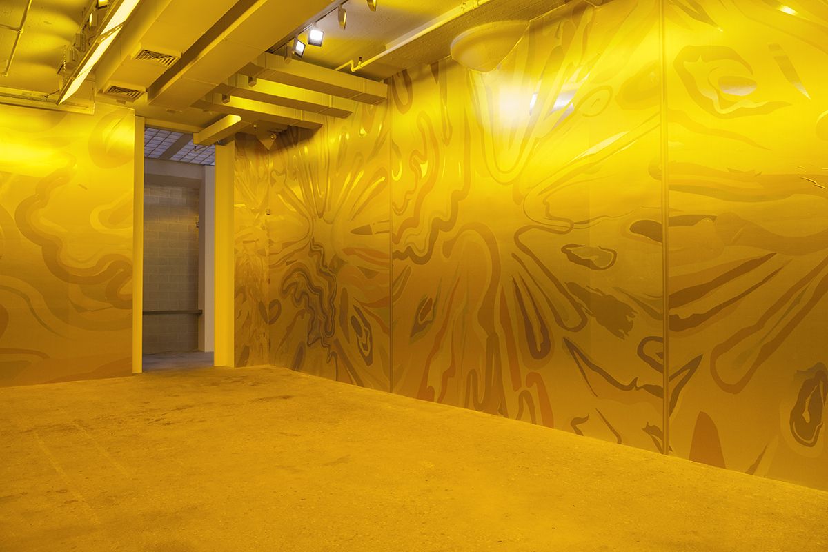 Peter Halley, Five Yellow Explosions, 2017 Mural-sized digital prints on metallic ground, colored window film, light gels Dimensions variable