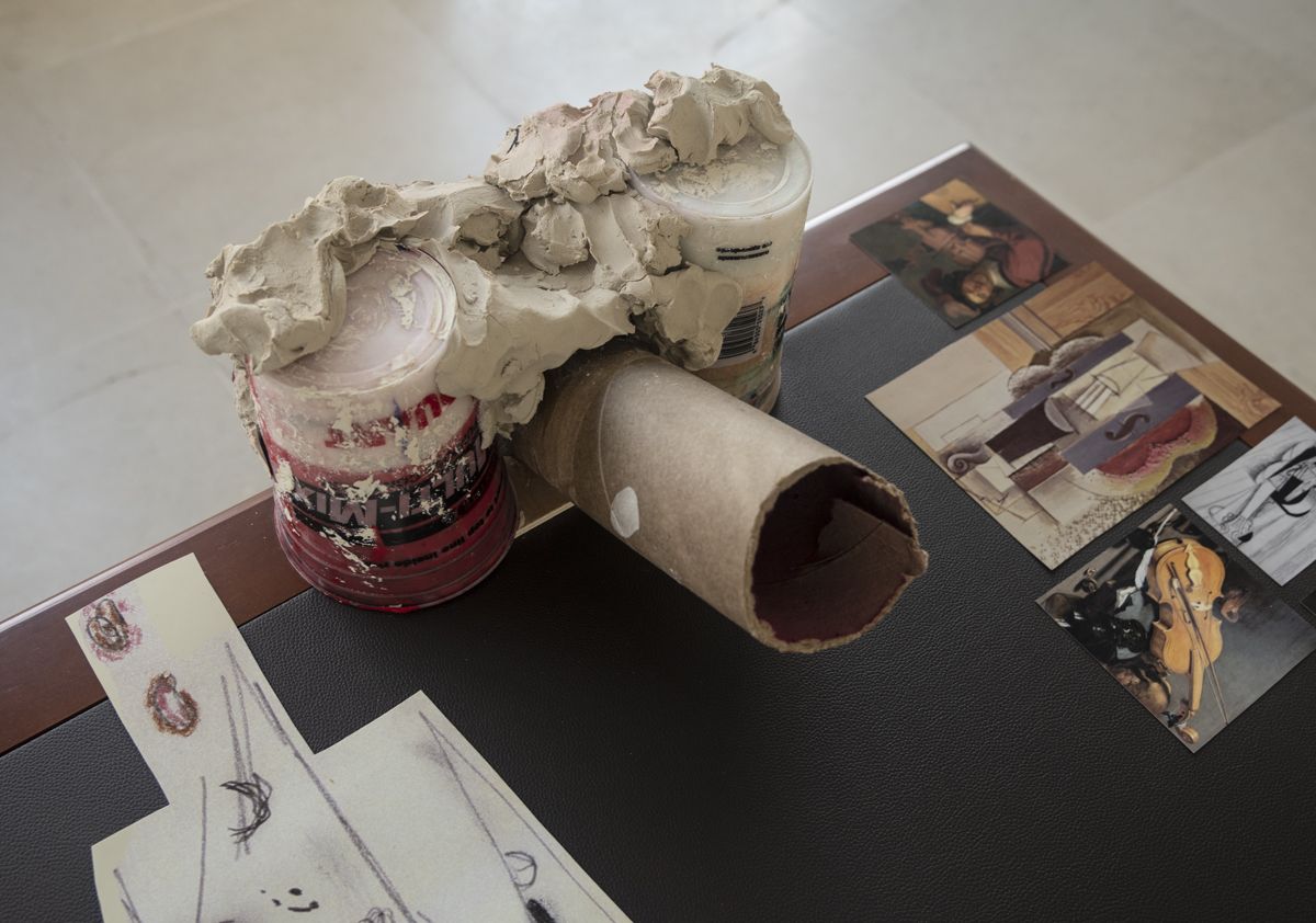 After Artaud, The sexual awkwardness of god, Rape Table, 2019, Plastic, air-dry clay, cardboard tube, boxes, razors, matches, mousetrap, office hardware, cow’s blood and collage on table, 37 x 46 x 32 inches (94 x 116.8 x 81.3 cm)