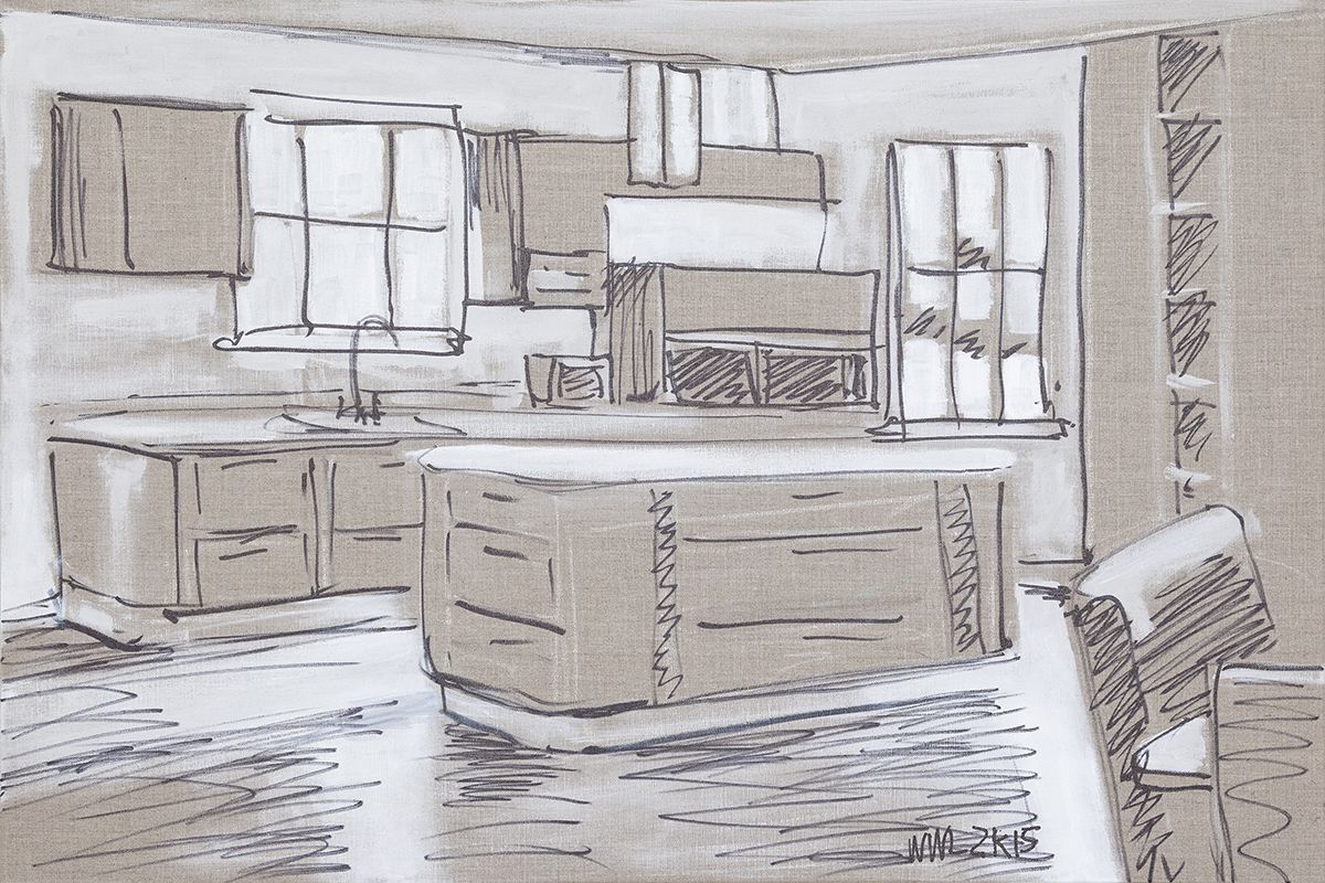 William Leavitt Kitchen Island #2, 2015 Oil marker on linen 24 x 36 inches (61 x 91.4 cm)