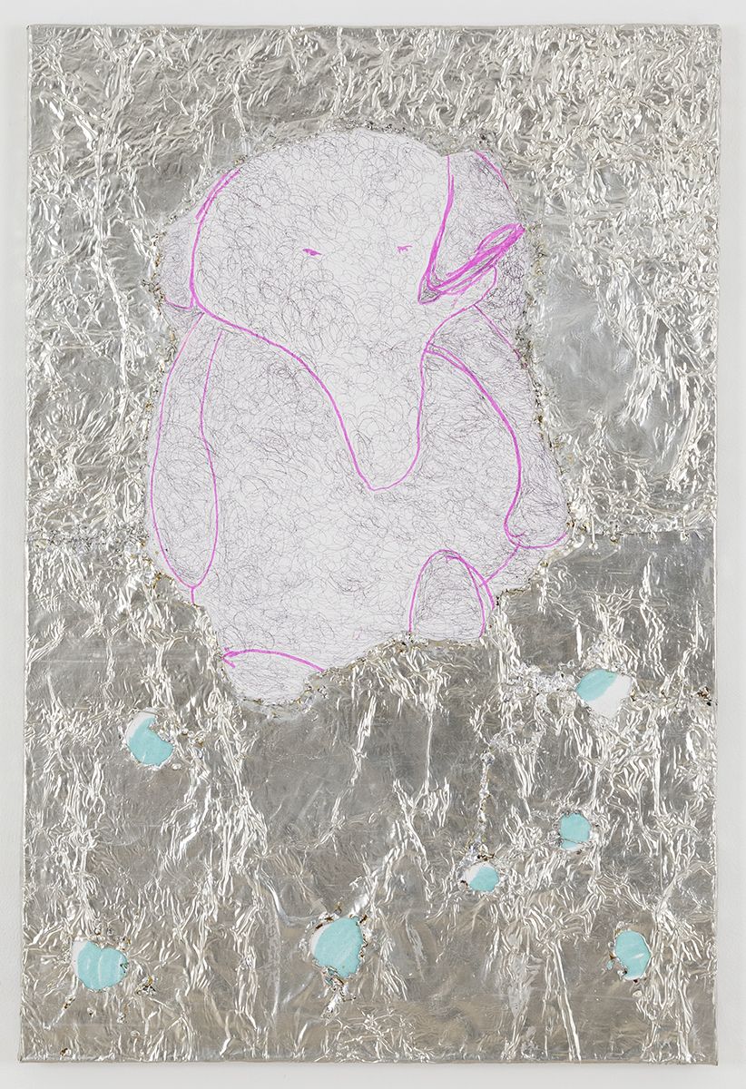 Josef Strau Penitence, 2018 Tin plate, tin wire, acrylic, ballpoint pen, felt marker on canvas 36 x 24 x 1 inches (91.4 x 61 x 2.5 cm)