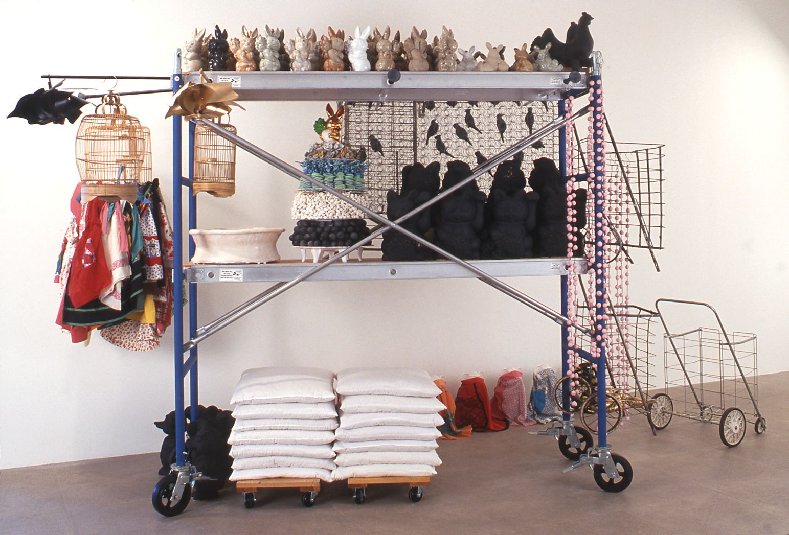 Yoko Inoue, Stories on the Move II, 2000, mixed media, ceramics, fabric, steel scaffolding, dimensions variable