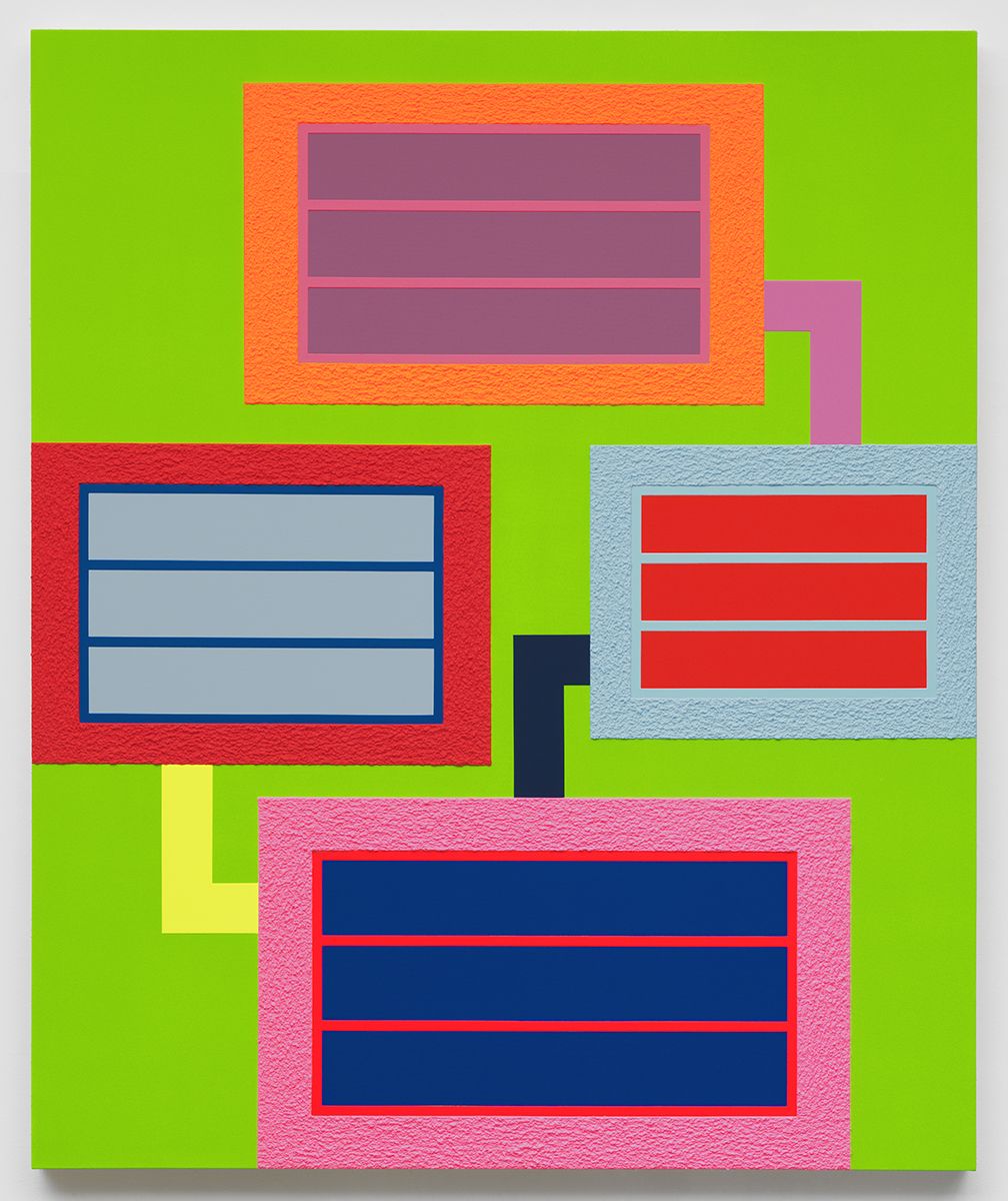 Peter Halley, Revolt, 2017 Acrylic, fluorescent acrylic, and Roll-A-Tex on canvas 88 1/2 x 71 inches (224.8 x 180.3 cm)