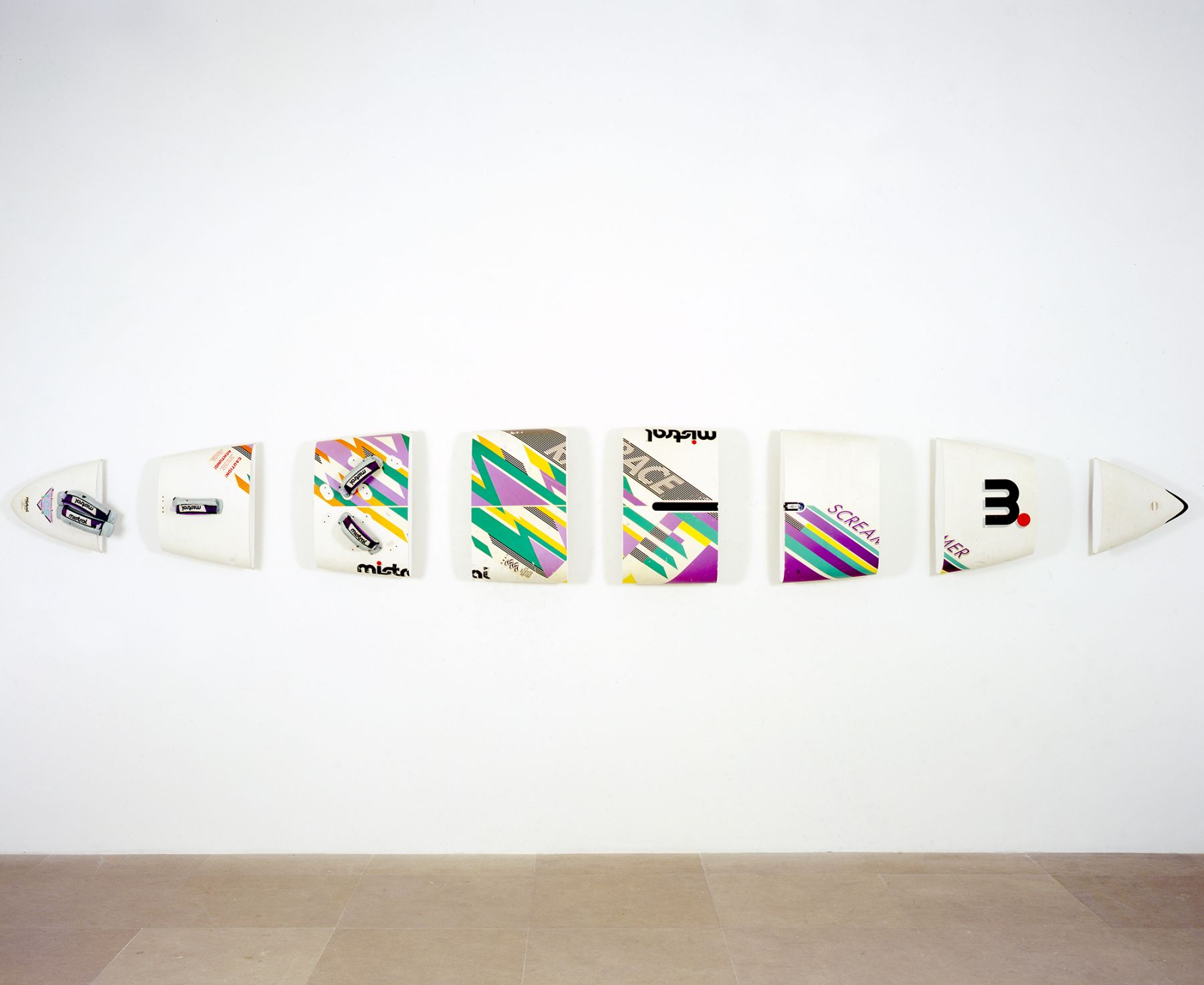 Michael Krebber, Mistral Screamer, 2008, Windsurfing board, wall mounts, 22 3/4 x 172 inches