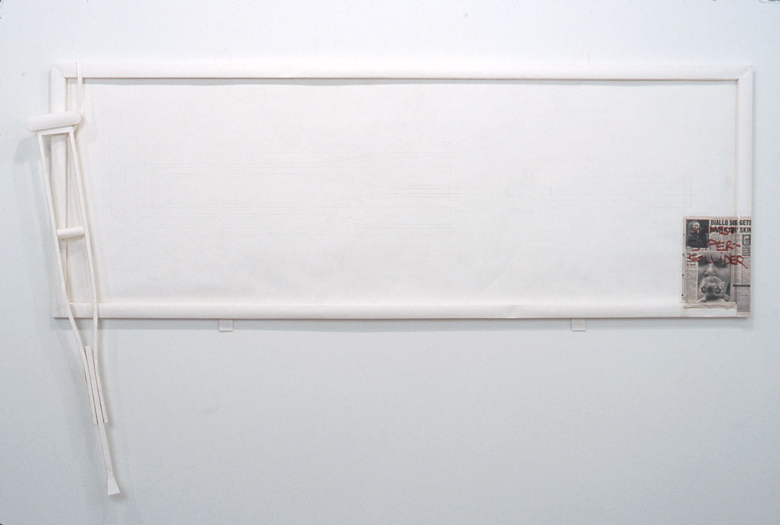 Gareth James, Siamese Super Collider; Image is Dead, 2000, paper, newspaper article, 38 x 109 x 5 inches