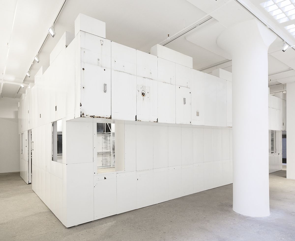 Gedi Sibony The King And The Corpse, 2018 Porcelain enameled steel panels, steel, bolts, screws, wood, c-clamps Dimensions variable
