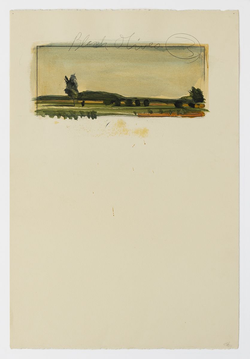 Candy Jernigan, Italian Landscape Series, Black Olives, 1989, Acrylic and collage on paper, Image: 22 x 15 inches (55.9 x 38.1 cm), Frame: 26 1/4 x 19 1/4 x 1 1/2 inches (66.7 x 48.9 x 3.8 cm)