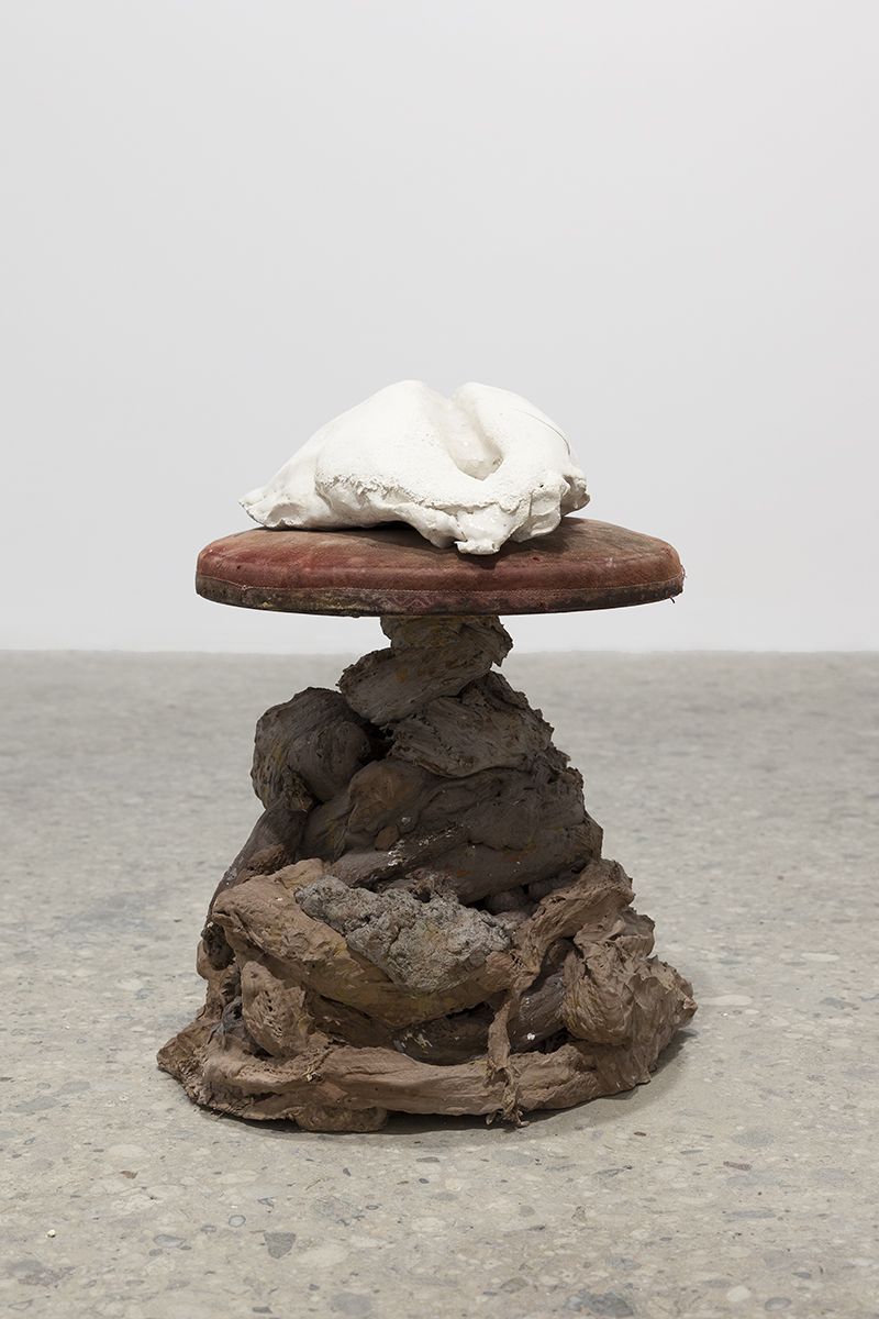 Gelatin New York Golem, 2017 Plaster, wood, velvet cushion, glazed ceramic 20 7/8 x 17 3/8 x 15 3/4 inches (53 x 44 x 40 cm)