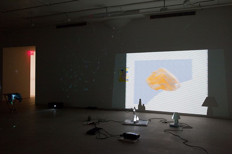 The Story of Painting, 2012, 3-D video slideshow with 3-D glasses, two acrylic-on-canvas paintings, computer speaker, lamp, painted bottles and painted foam pieces, 19:01 min, color, sound Dimensions variable