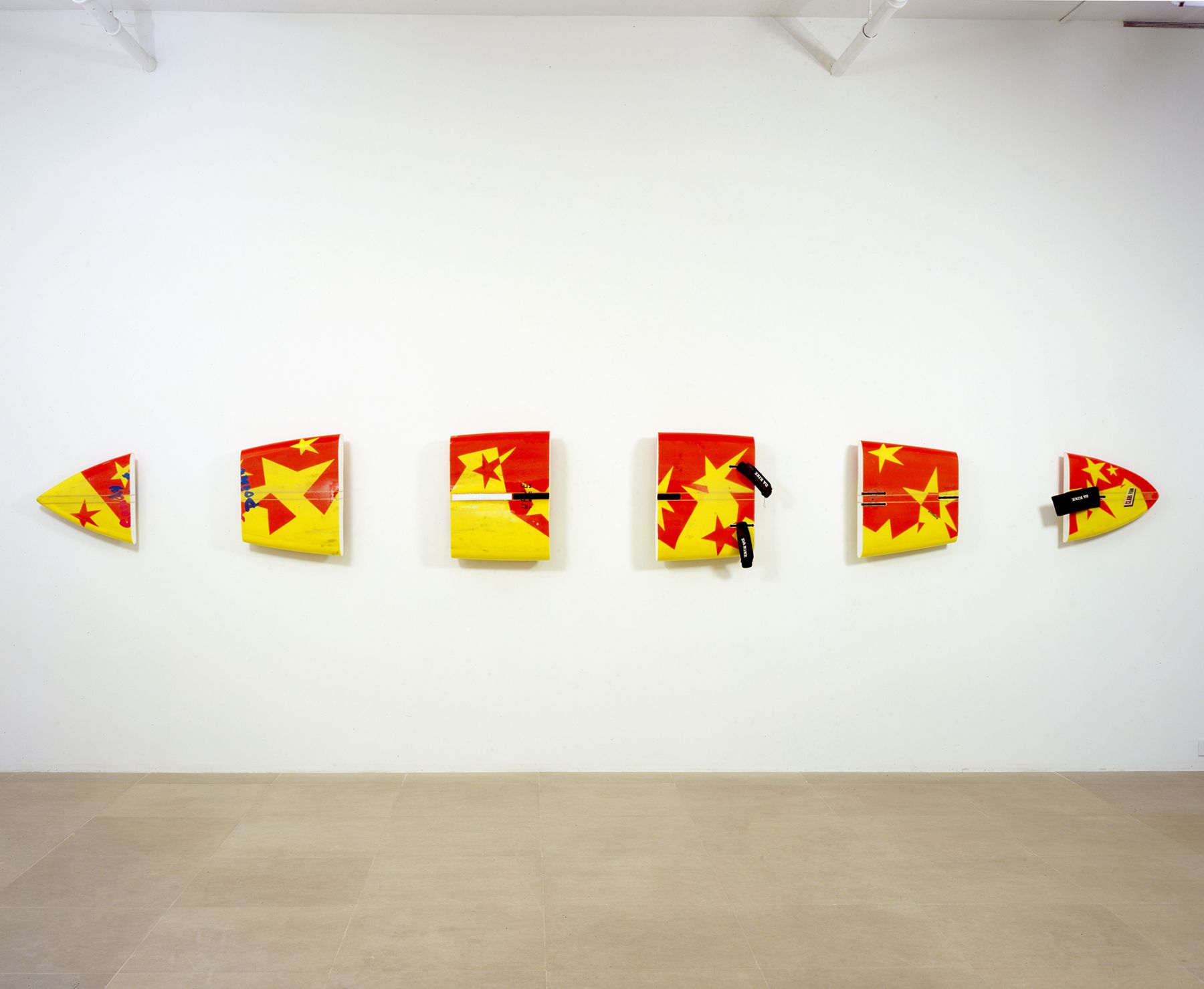 Michael Krebber, Sandy Point, 2008, Windsurfing board, wall mounts, 23.5 x 206 inches