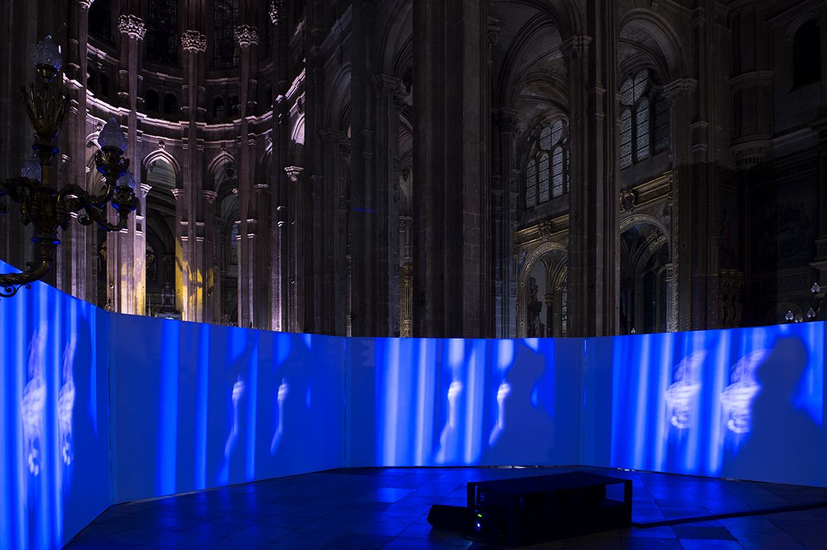 Installation view, White Night, Lutz Bacher and Anri Sala, Saint Eustache Church, Paris, 2017