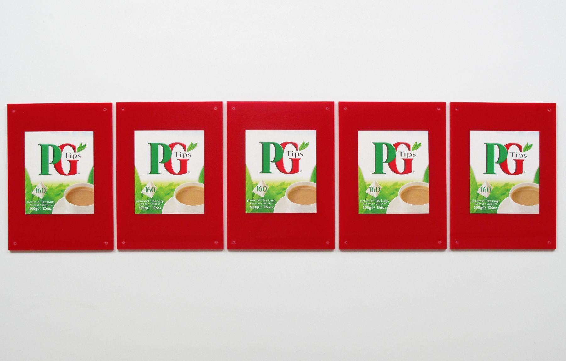 PG Tips, 2009, Plexiglas, printed cardboard, five parts, 11 x 8 inches (each), 11 x 44 3/8 inches (approx. overall)