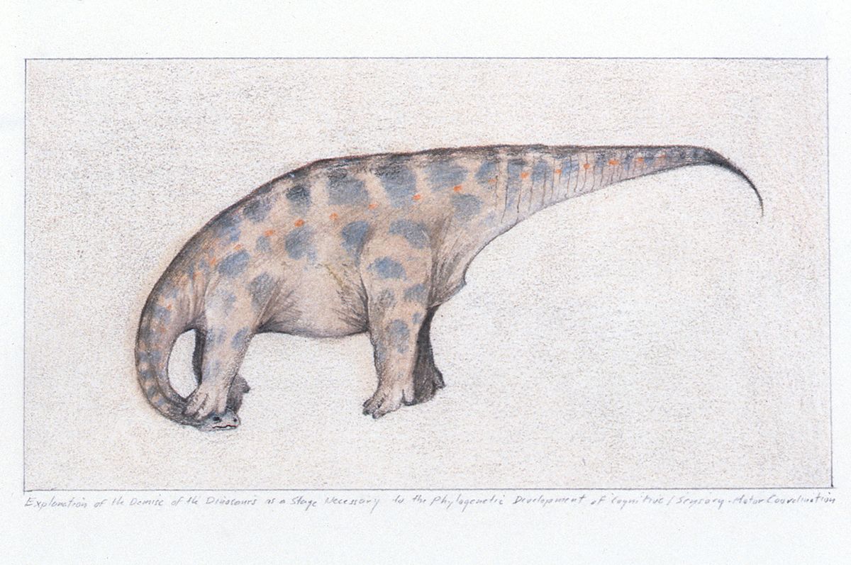 Thomas Zummer, Explanation of the Demise of the Dinosaur, 1992, pen, ink, color pencil on bristol, 12 x 9 inches