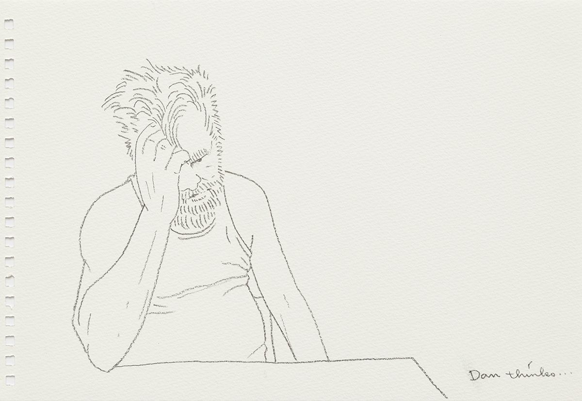 Mieko Meguro Dan Thinks..., 2016 Graphite on paper Image: 6 3/8 x 9 7/8 inches (16.5 x 25.1 cm) Frame: 9 1/2 x 12 1/2 x 1 1/8 inches (24.1 x 31.7 x 3.0 cm)