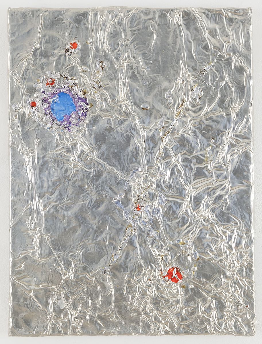 Josef Strau Misdemeanor, 2018 Tin plate, tin wire, acrylic on canvas 16 1/4 x 12 1/4 x 1 1/4 inches (41.3 x 31.1 x 3.2 cm)