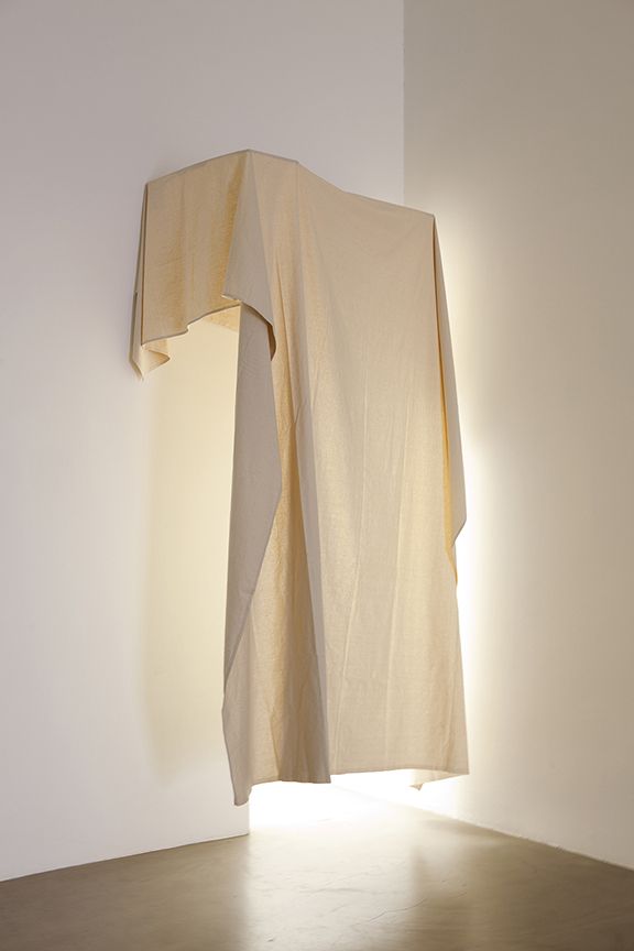 Gedi Sibony The Second Innermost Adornment, 2012 Drop cloth, wood 110 1/4 x 59 1/8 x 39 3/8 inches (280 x 150.2 x 100 cm)