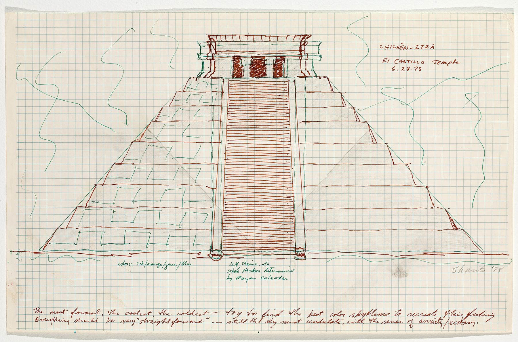 Chichen-Itza El Castillo Temple, 1978, colored ink on paper, 11 x 17 1/2 inches