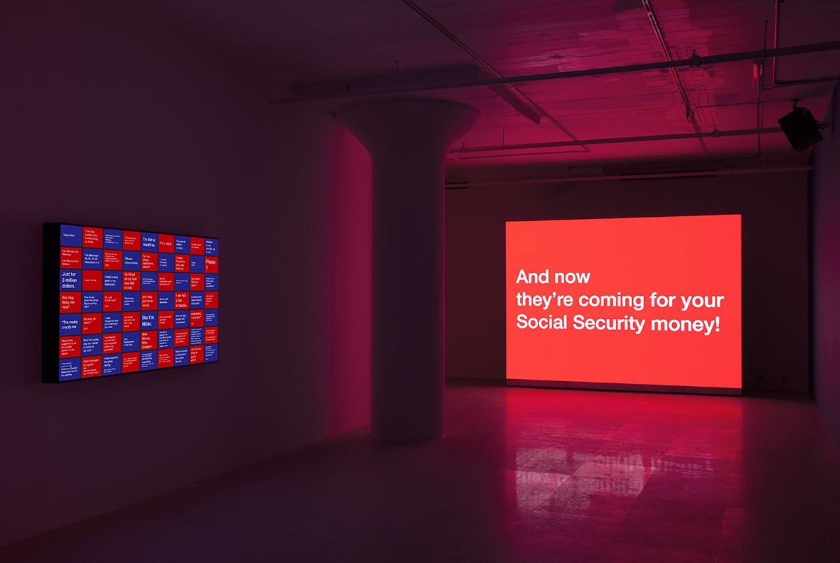 Tony Cokes, Installation view, On Non-Visibility, Greene Naftali, 2018