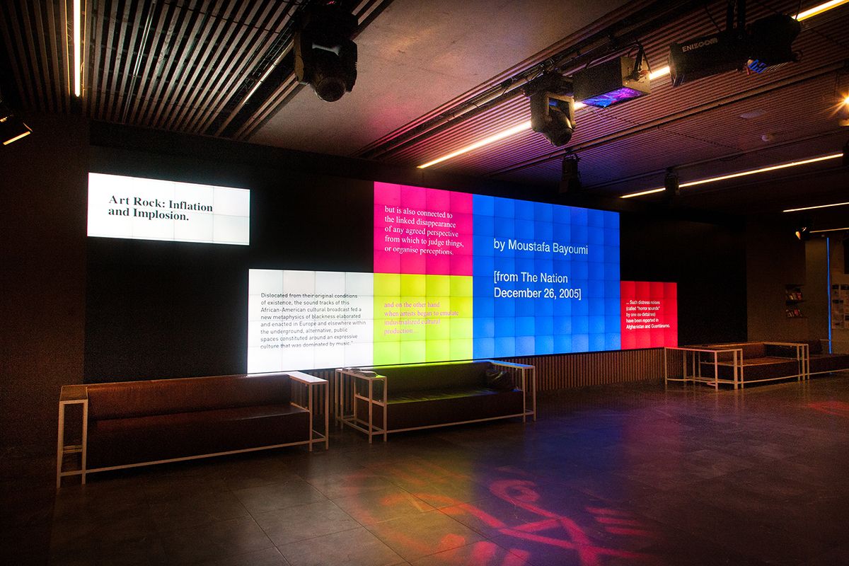 Installation view, Pop, Terror, Critique (Remix) in Sound Spaces curated by Edwin Carels, Schouwburg, Rotterdam Intl. Film Festival, 2013