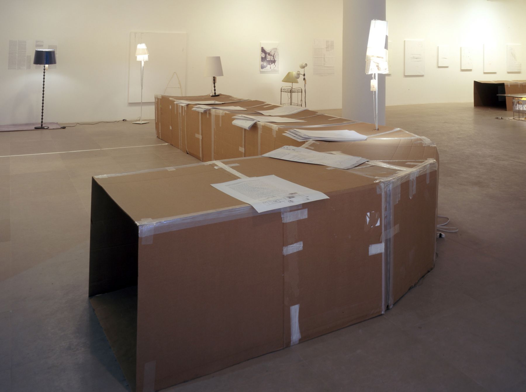 Josef Strau J: Inside the Letter-Hole (Josef for Children), 2008 Cardboard, tape, inkjet prints, mp3 players, mixed media lamps Overall: 29 x 116 x 270 inches (73.66 x 294.64 x 685.8 cm)