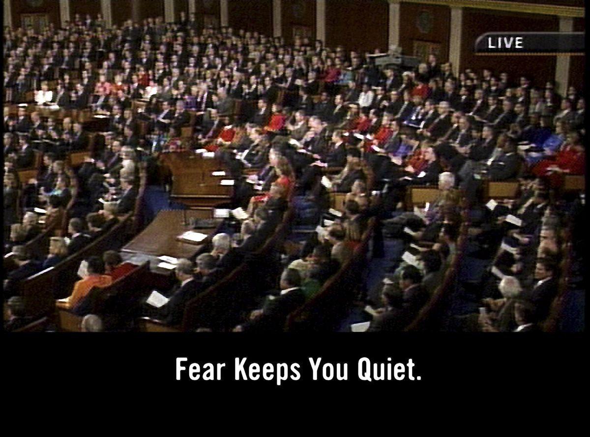 Tony Cokes, Evil.6 (Faking), 2005 (still)