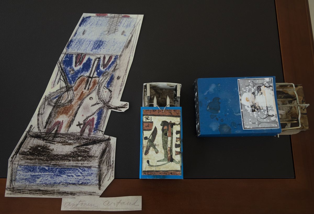 After Artaud, The sexual awkwardness of god, Rape Table, 2019, Plastic, air-dry clay, cardboard tube, boxes, razors, matches, mousetrap, office hardware, cow’s blood and collage on table, 37 x 46 x 32 inches (94 x 116.8 x 81.3 cm)