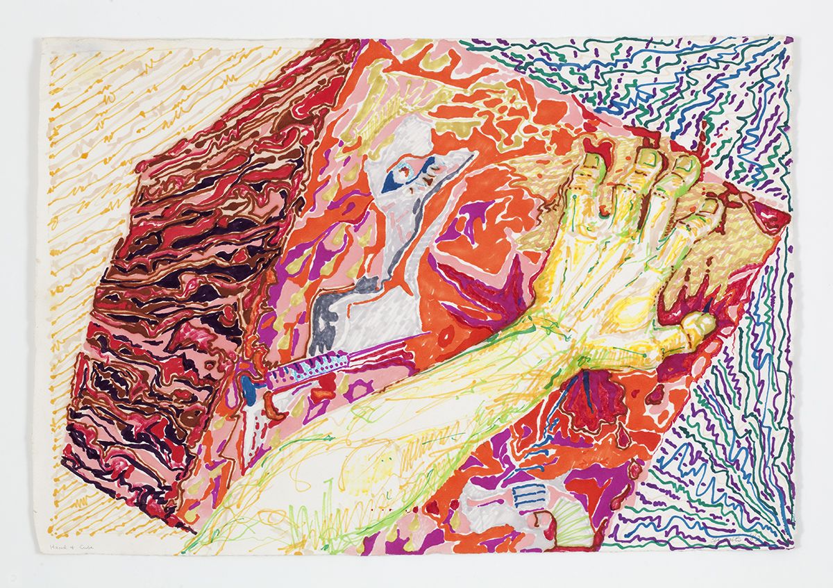 Paul Sharits Hand and Cube, 1982 Colored feltpen on paper Paper: 16 1/2 x 24 1/4 inches (41.9 x 61.6 cm) Frame: 21 x 28 7/8 inches (53.3 x 73.3 cm)