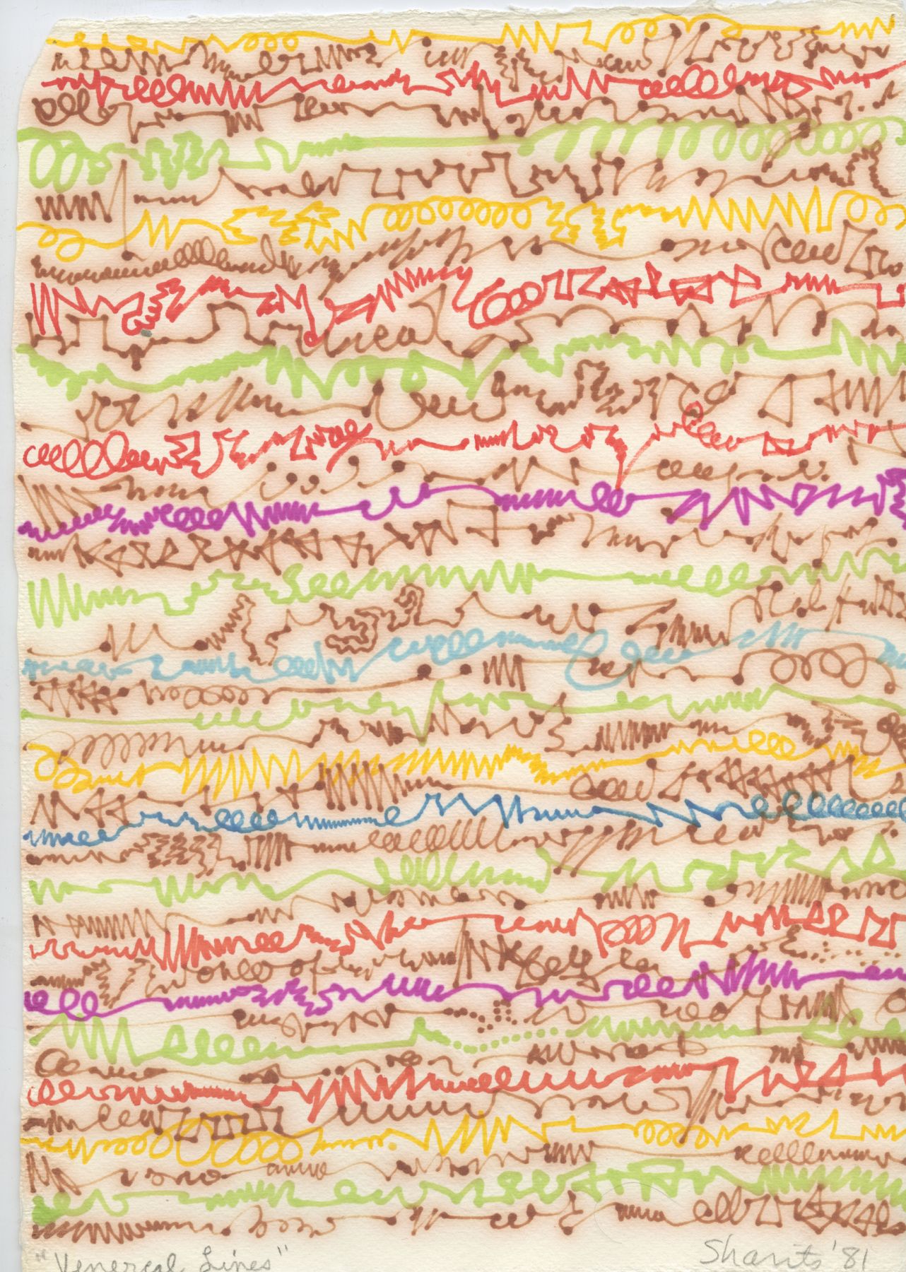 Paul Sharits, Venerial Lines, 1981, colored feltpen on paper, 11 3/4 x 8 1/2 inches