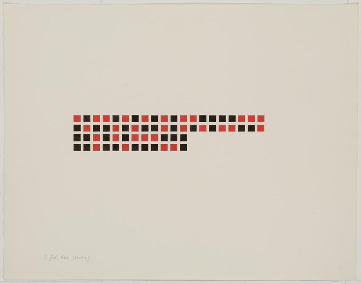 Guy de Cointet, I Feel Like Vomiting, 1979, ink and pencil on Arches paper, 30 1/8 x 35 7/8 inches (76.5 x 91 cm)