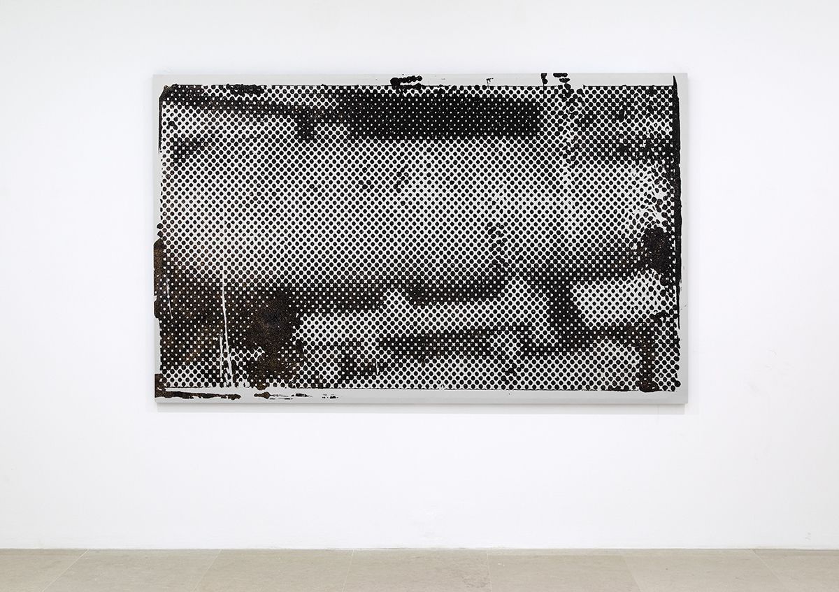 Mathieu Malouf, M83 nuclear warhead, 2017, Silkscreen and glitter on canvas, 60 x 96 inches (152.4 x 243.8 cm)