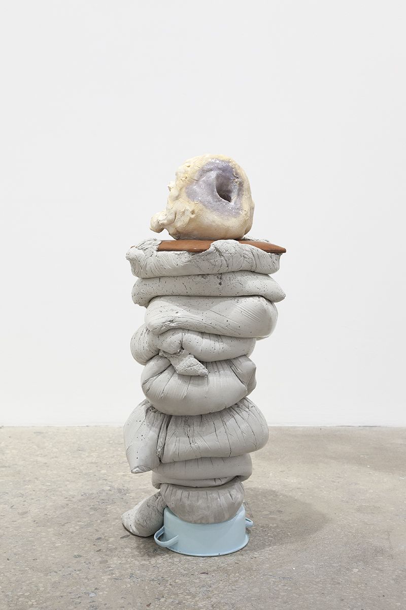 Gelatin New York Golem, 2017 Concrete, seat cushion, enamel pot, glazed ceramic 37 3/8 x 15 3/4 x 14 7/8 inches (95 x 40 x 38 cm)