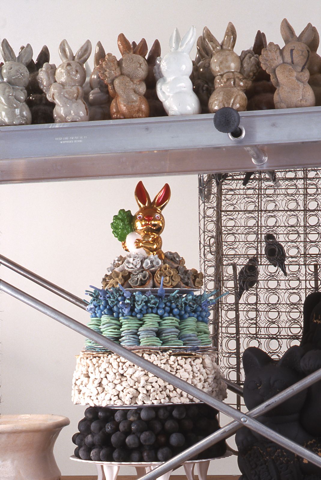 Yoko Inoue, Stories on the Move II, 2000 (detail), mixed media, ceramics, fabric, steel scaffolding, dimensions variable