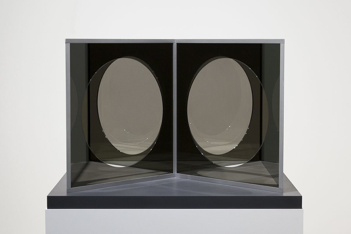 Dan Graham Model for Pavilion Influenced by Moon Gates, 2018 Stainless steel, two-way mirror glass 42 1/8 x 42 1/8 x 27 15/16 inches (107 x 107 x 71 cm)