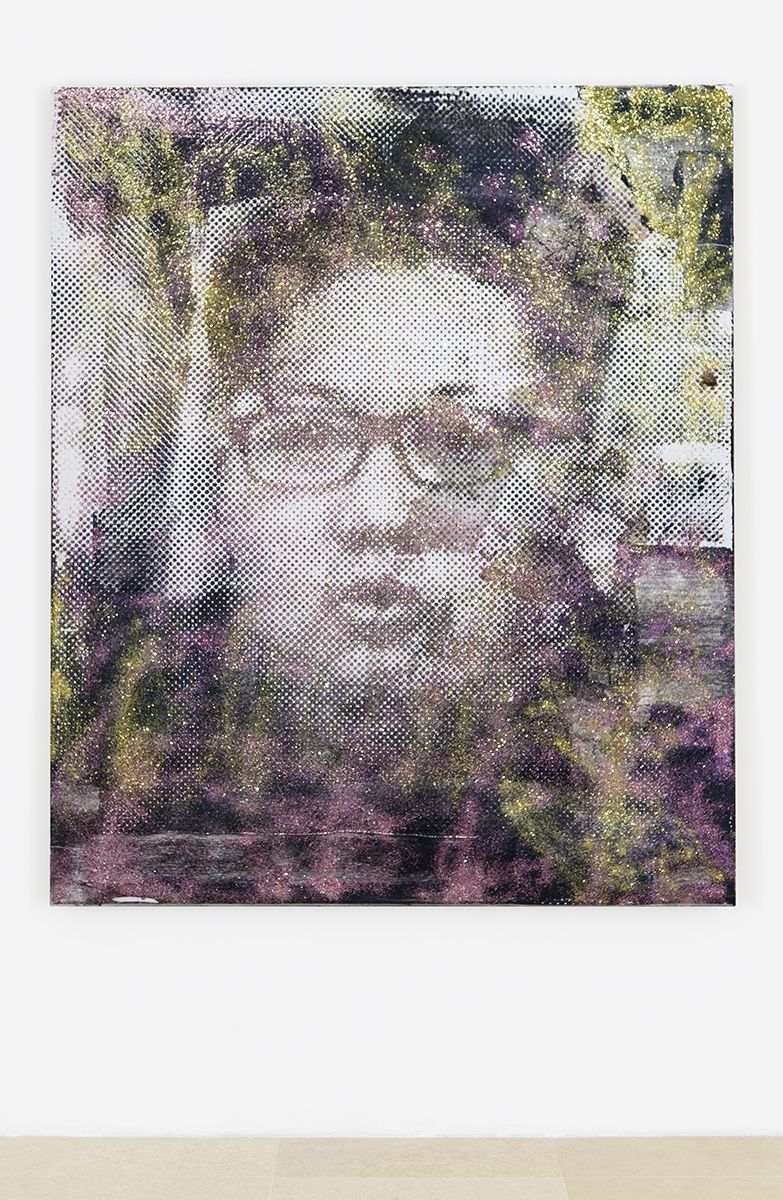 Mathieu Malouf, Supreme Leader I, 2017, Silkscreen, glitter and mixed media on canvas, 72 x 60 inches (182.9 x 152.4 cm)