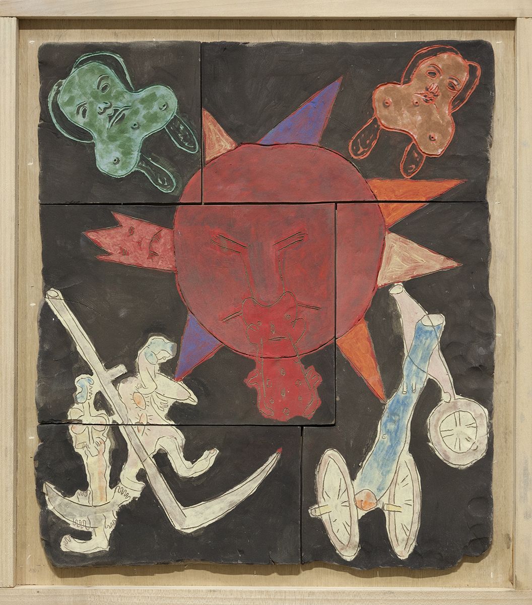 Richard Hawkins The Anal Birth of Man and Two Dead Daughters, 2016 Glazed ceramic in artist's frame 25 3/4 x 22 3/4 x 1 5/8 inches (65.4 x 57.8 x 4.1 cm)