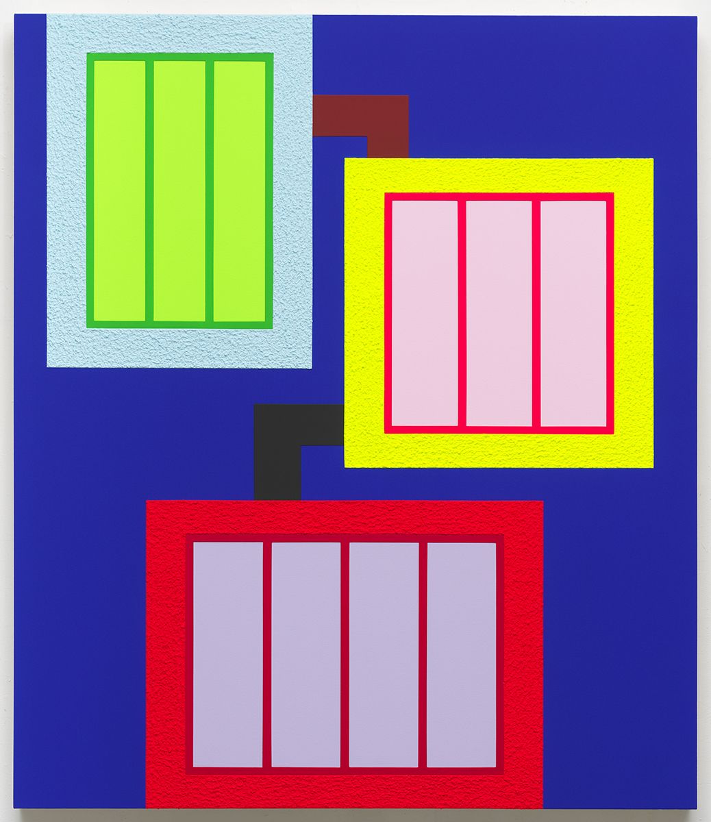 Peter Halley, Sum1, 2017 Acrylic, fluorescent acrylic, Flashe and Roll-A-Tex on canvas 72 x 62 inches (182.9 x 157.5 cm)