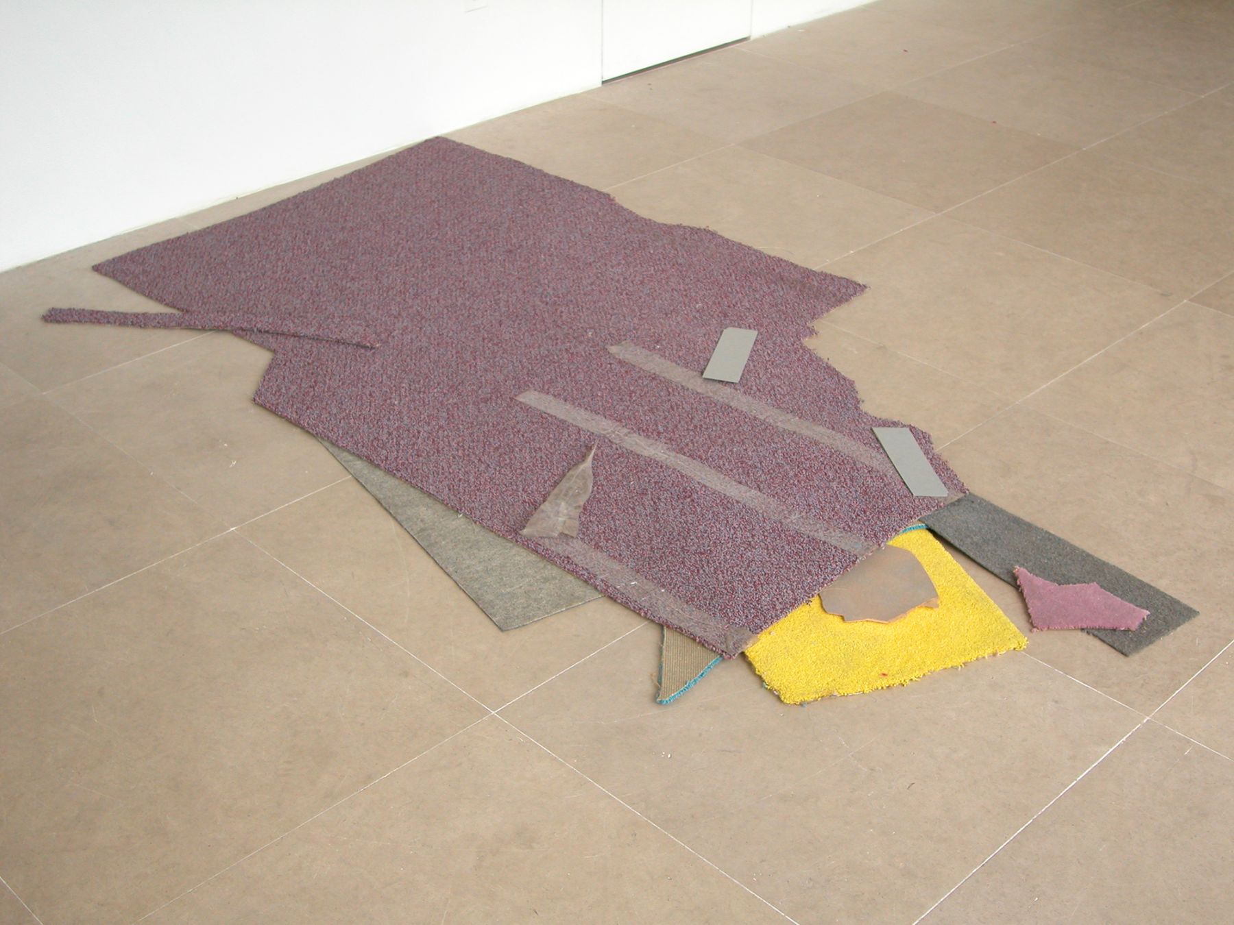 Gedi Sibony, Untitled, 2007, Carpet, paper, tape, wood, 92 x 49 inches (233.7 x 124.5 cm)