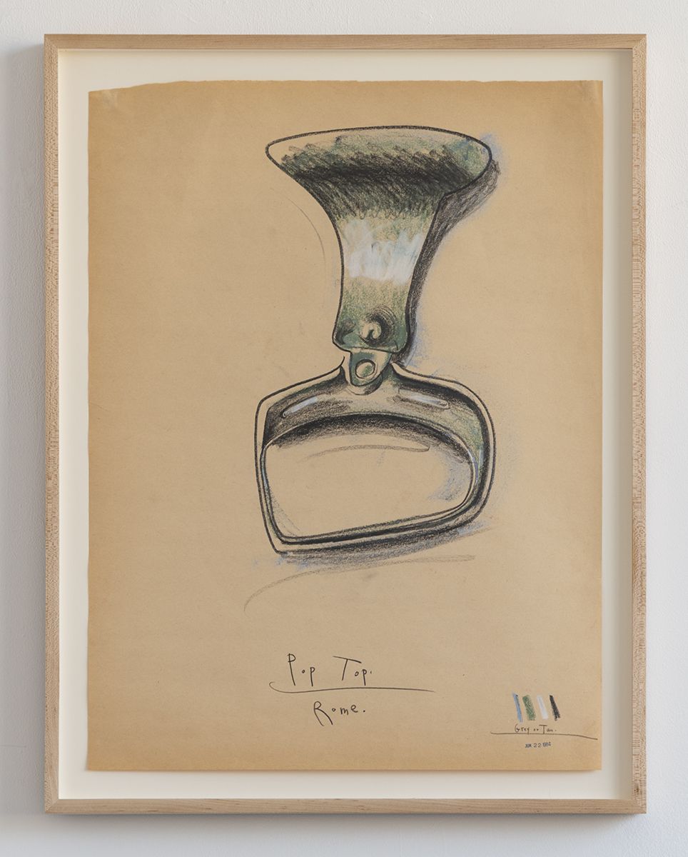 Candy Jernigan, Pop Top – Rome, 1984, Charcoal on kraft paper, Image: 24 x 18 inches (61 x 45.7 cm), Frame: 27 x 21 x 1 1/2 inches (68.6 x 53.3 x 3.8 cm)