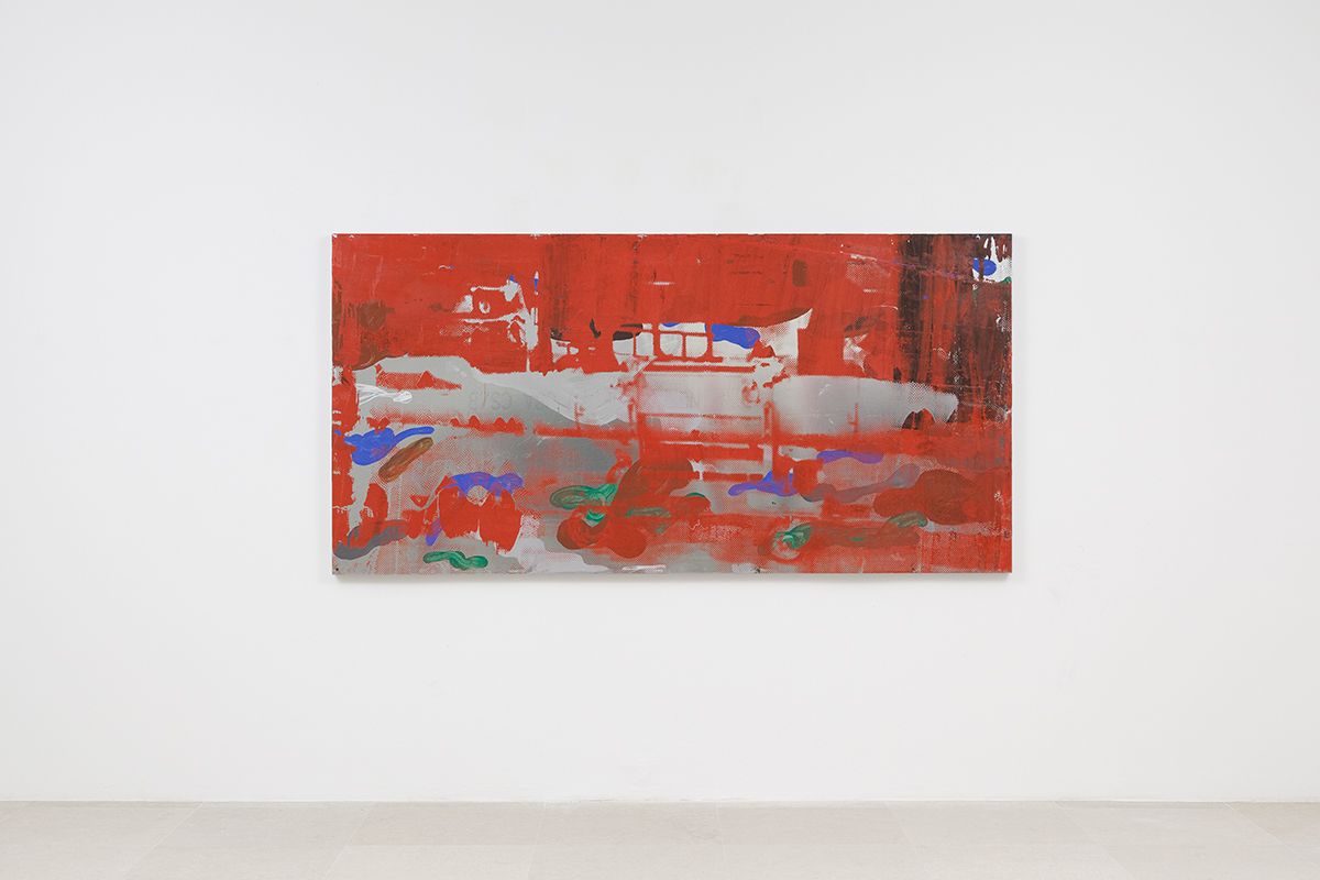 Mathieu Malouf, Protected from the Sun, 2017, Acrylic and silkscreen on aluminum and wood, 48 x 96 1/4 inches (121.9 x 244.5 cm)