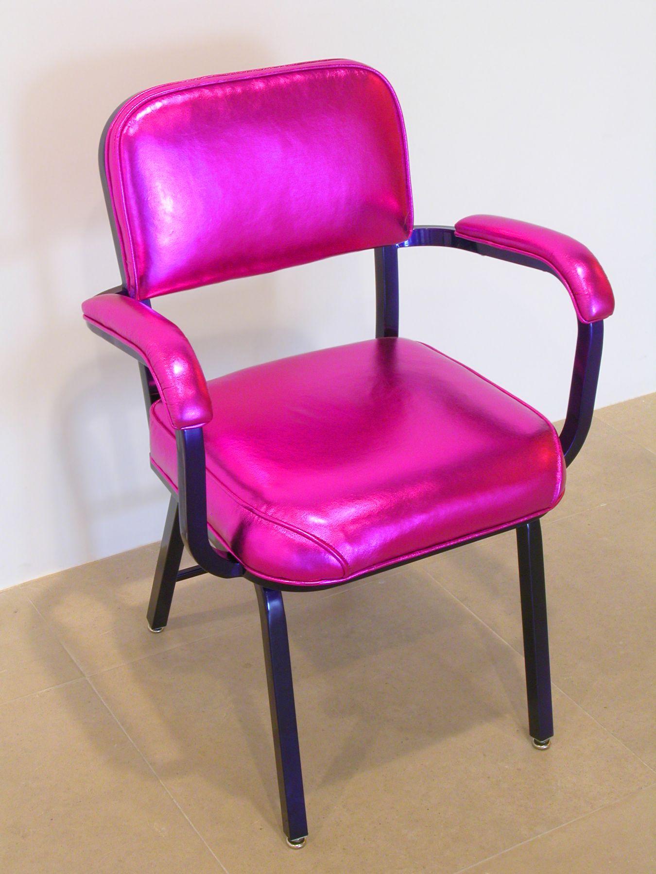 Jim Drain, Fall River Chair, 2007, Grape Candy powder coated square tube steel, metallic fuschia goat skin leather, 34 x 19 x 24 inches