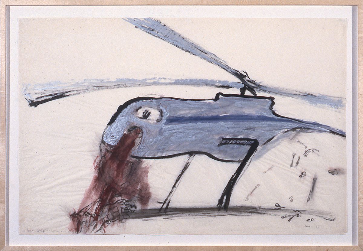 Nancy Spero, Gunship, 1967, gouache on paper, 27 1/2 x 39 1/2 inches