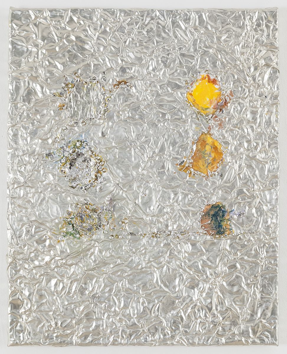 Josef Strau Unease, 2018 Tin plate, tin wire, acrylic on canvas 20 x 16 x 1 1/4 inches (50.8 x 40.6 x 3.2 cm)