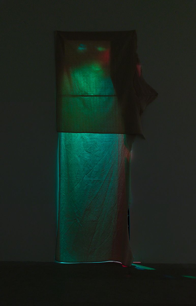 Gedi Sibony, Jeweled Repetitiously, 2013, Canvas, colored lights, little room, Baby Bach pianos, programmed circuit board, wires, batteries, 107 x 52 x 32 inches (271.8 x 132.1 x 81.3 cm)