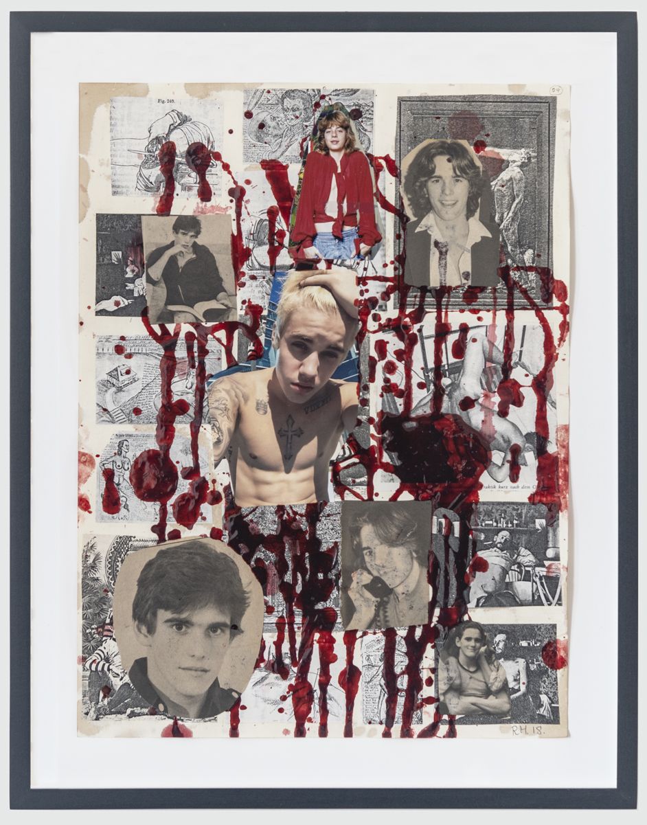 The Collage Killer #4, 2018, Fake blood and collage on paper, 15 3/4 x 11 7/8 inches (40 x 30.2 cm) Frame: 18 1/4 x 14 1/4 inches (46.4 x 36.2 cm)