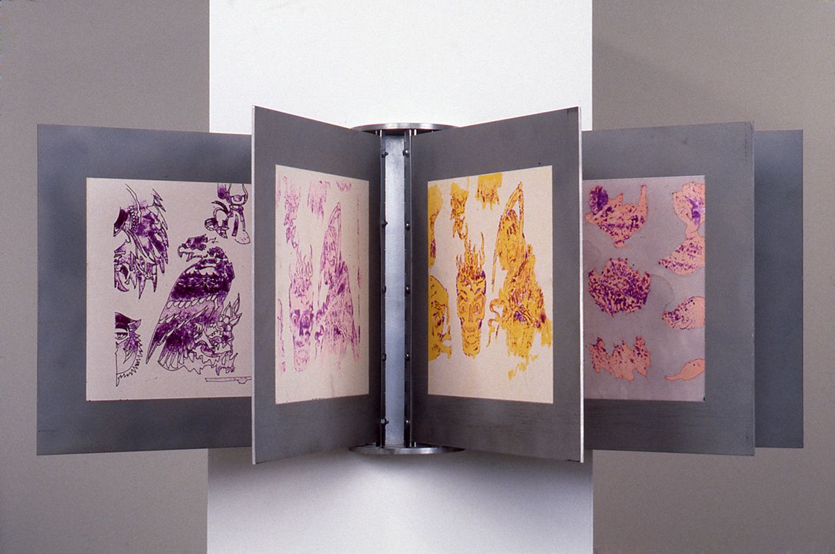 Alix Stewart Lambert, Untitled, 1995, aluminum, tatoo transfer and ink on paper, 13 3/4 x 16 x 33 inches