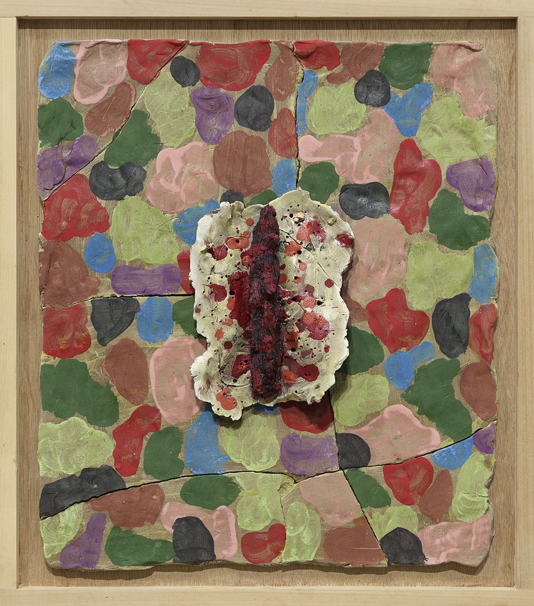 Richard Hawkins Turd Plug to Prevent Nocturnal Insemination, 2016 Glazed ceramic in artist's frame 25 3/4 x 22 3/4 x 3 1/2 inches (65.4 x 57.8 x 8.9 cm)