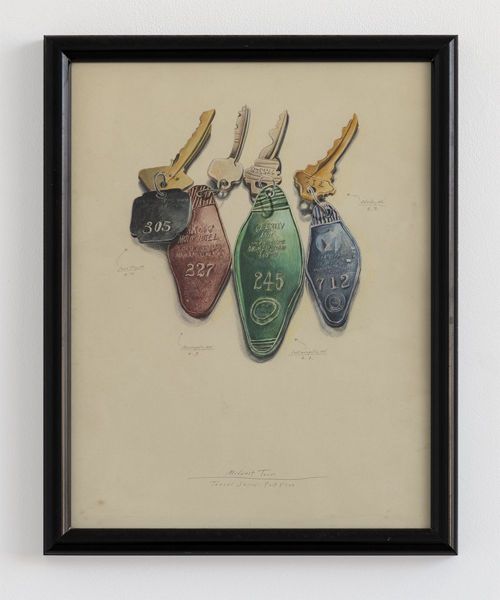 Candy Jernigan, Travel Series Part 5, Midwest Tour, 1983, Colored pencil on paper, Image: 13 x 10 inches (33 x 25.4 cm), Frame: 14 1/2 x 11 1/2 x 1 1/8 inches (36.8 x 29.2 x 2.9 cm)