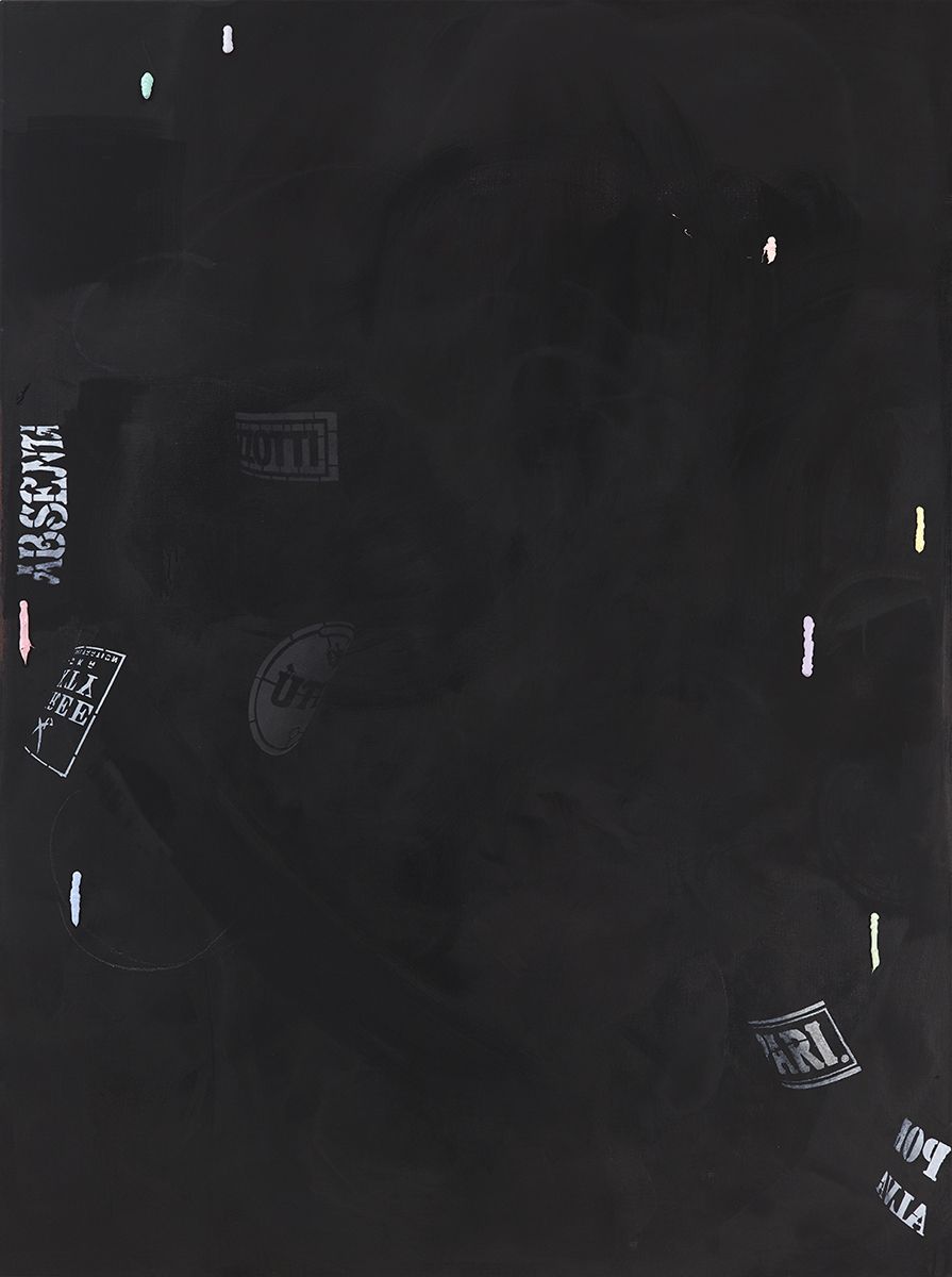 Monika Baer on hold, 2015 Acrylic, ink, oil on canvas 70 3/4 x 53 1/4 inches (180 x 135 cm)
