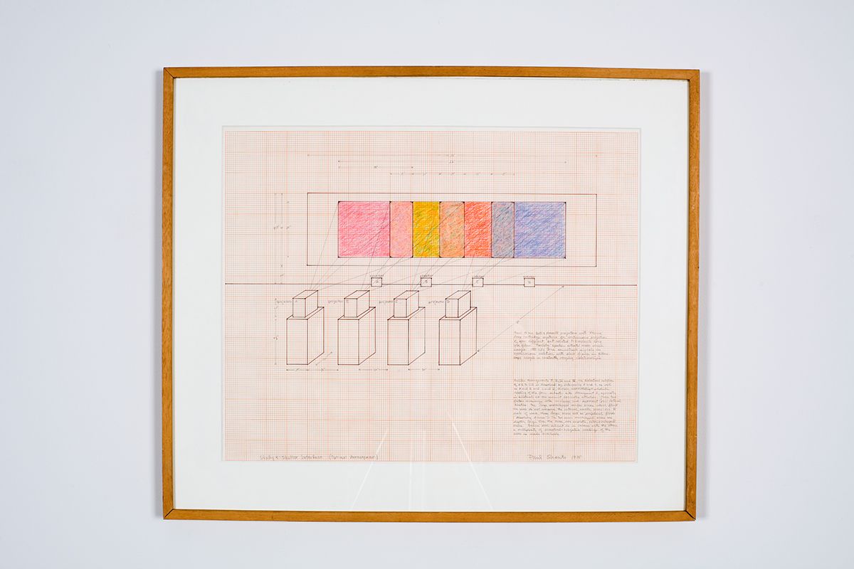 Paul Sharits Study 4: Shutter Interface (optimal arrangement), 1975 Ink and colored pencil on graph paper 18 x 23 inches (45.7 x 58.4 cm)