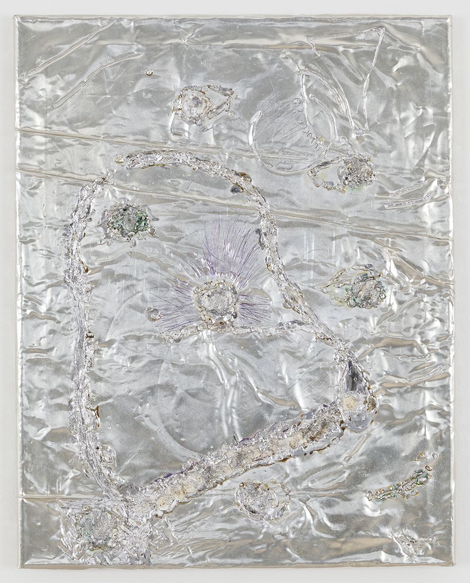 Josef Strau Possession, 2018 Tin plate, tin wire, acrylic, ballpoint pen on canvas 20 1/4 x 16 x 1 inches (51.4 x 40.6 x 2.5 cm)