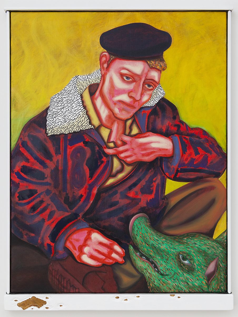 Magnus Anderson Billy (Der Sympathischer Leibniz Keks), 2018 Oil on canvas, artist frame/acrylic on lime wood 37 3/4 x 29 1/2 x 2 inches (96 x 75 x 5 cm)